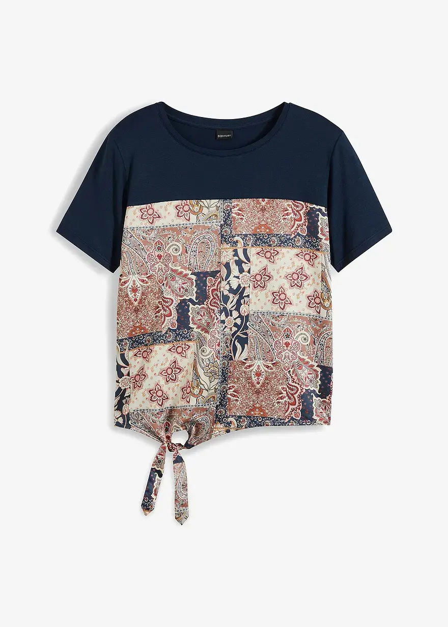 bonprix modisches Shirt mit bedrucktem Web-Material vorne und Knoten-Detail am Saum