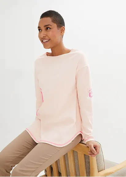 Bonprix Modisches Shirt Mit Neon-Druck Und Abgerundeten Saum - Rosa