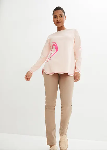 Bonprix Modisches Shirt Mit Neon-Druck Und Abgerundeten Saum - Rosa