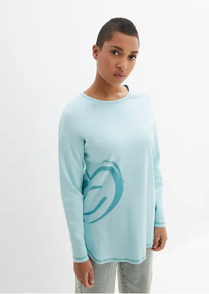 Bonprix Modisches Shirt Mit Neon-Druck Und Abgerundeten Saum - Blau