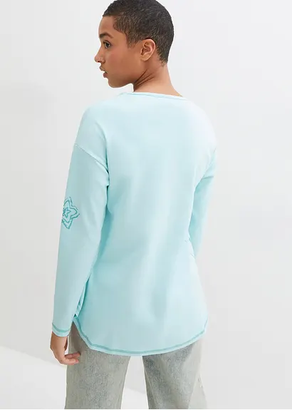 Bonprix Modisches Shirt Mit Neon-Druck Und Abgerundeten Saum - Blau