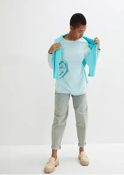 Bonprix Modisches Shirt Mit Neon-Druck Und Abgerundeten Saum - Blau