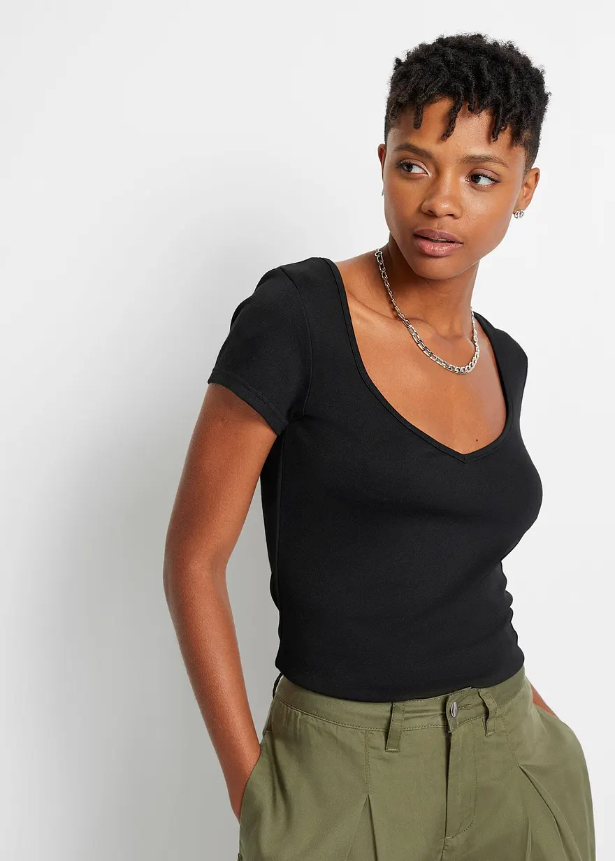 Bonprix Modisches Shirt Mit Tiefem Herzförmigem Ausschnitt - Schwarz