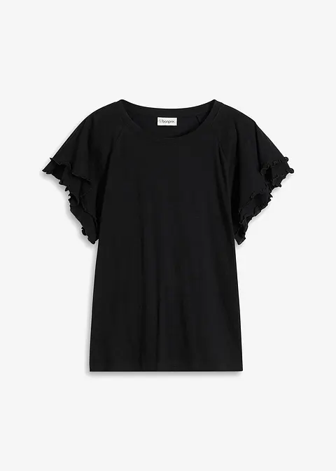 bonprix Modisches Shirt mit weich fallenden Volants-Ärmeln - schwarz