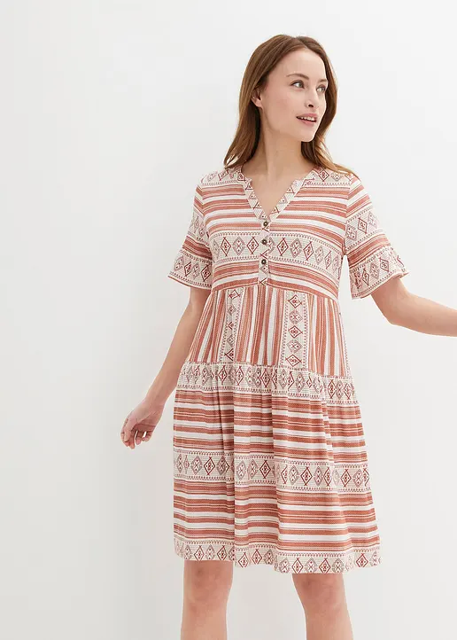 Bonprix Modisches Shirtkleid Kurzarm Bedruckt - Weiß - Damen