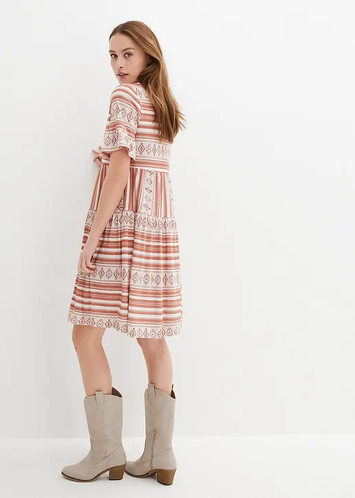 Bonprix Modisches Shirtkleid Kurzarm Bedruckt - Weiß - Damen