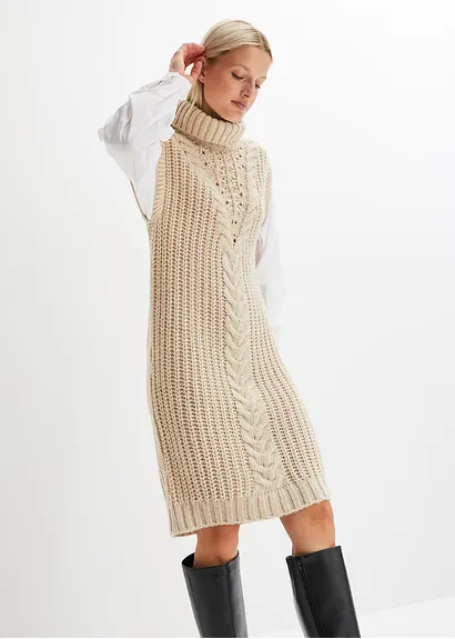 Bonprix Modisches Strickkleid Mit Blusenärmeln Und Zopfmuster. - Beige