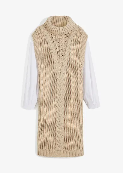 bonprix modisches Strickkleid mit Blusenärmeln und Zopfmuster. - beige bonprix modisches Strickkleid mit Blusenärmeln und Zopfmuster. - beige