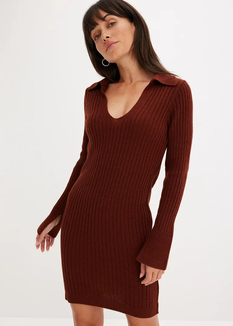Bonprix Modisches Strickkleid Mit Polo-Kragen - Braun - Damen
