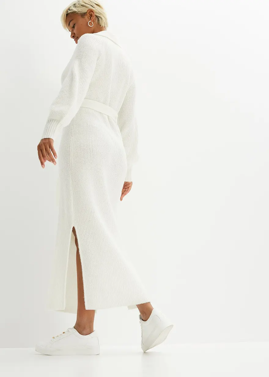 Bonprix Modisches Strickkleid Mit Polokragen Und Ballonärmel - Wollweiß