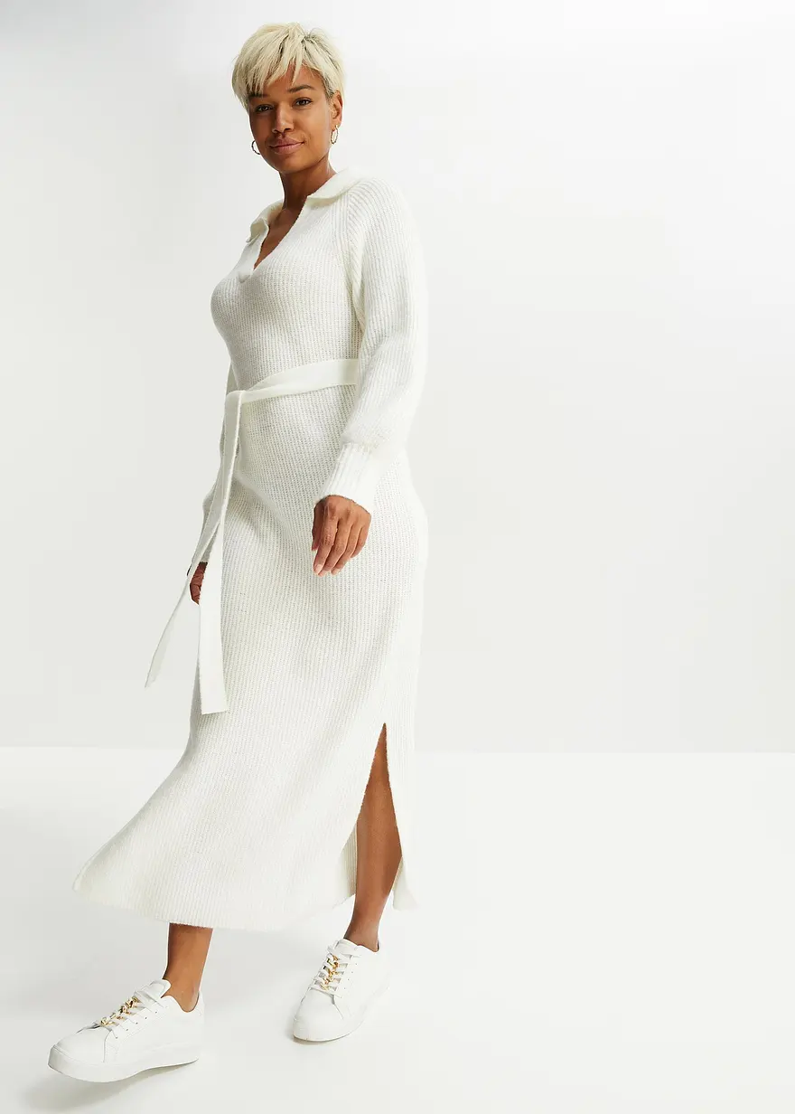 Bonprix Modisches Strickkleid Mit Polokragen Und Ballonärmel - Wollweiß