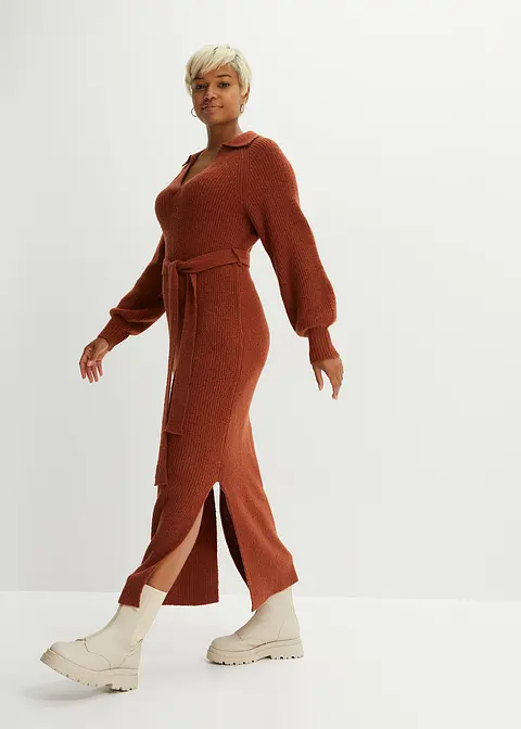 Bonprix Modisches Strickkleid Mit Polokragen Und Ballonärmel - Braun