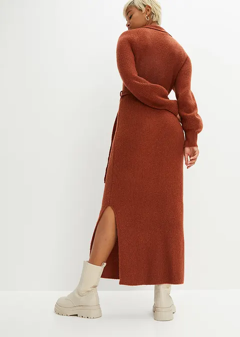 Bonprix Modisches Strickkleid Mit Polokragen Und Ballonärmel - Braun