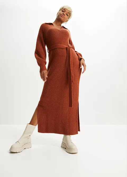 Bonprix Modisches Strickkleid Mit Polokragen Und Ballonärmel - Braun