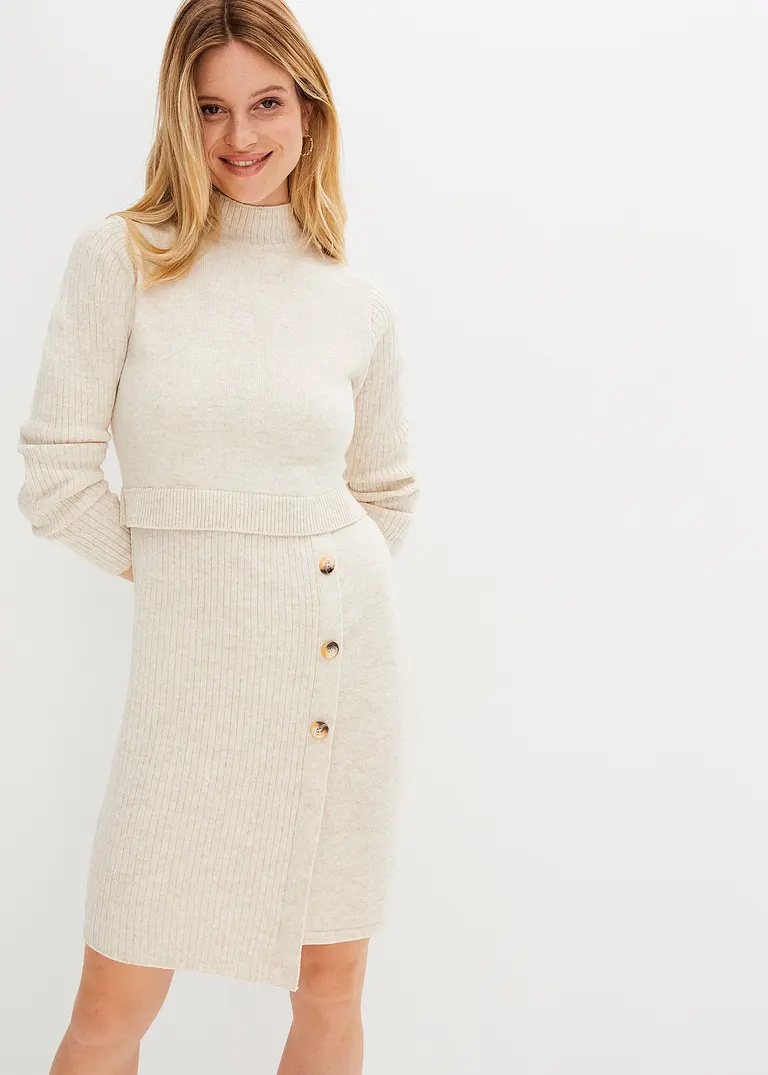 Bonprix Modisches Strickkleid Mit Stehkragen Und Dekorativen Knöpfen Am Rockteil