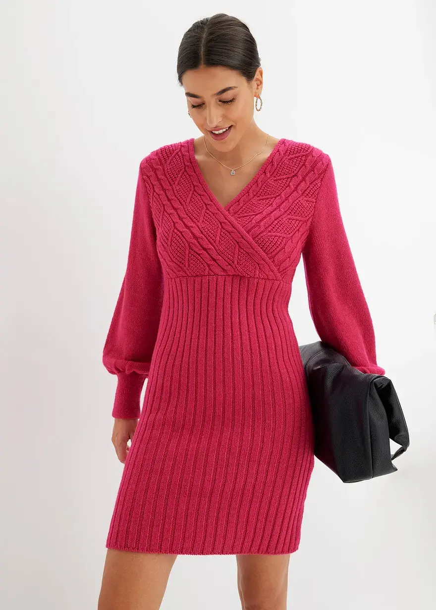 Bonprix Modisches Strickkleid Mit Zopfmuster - Pink - Damen