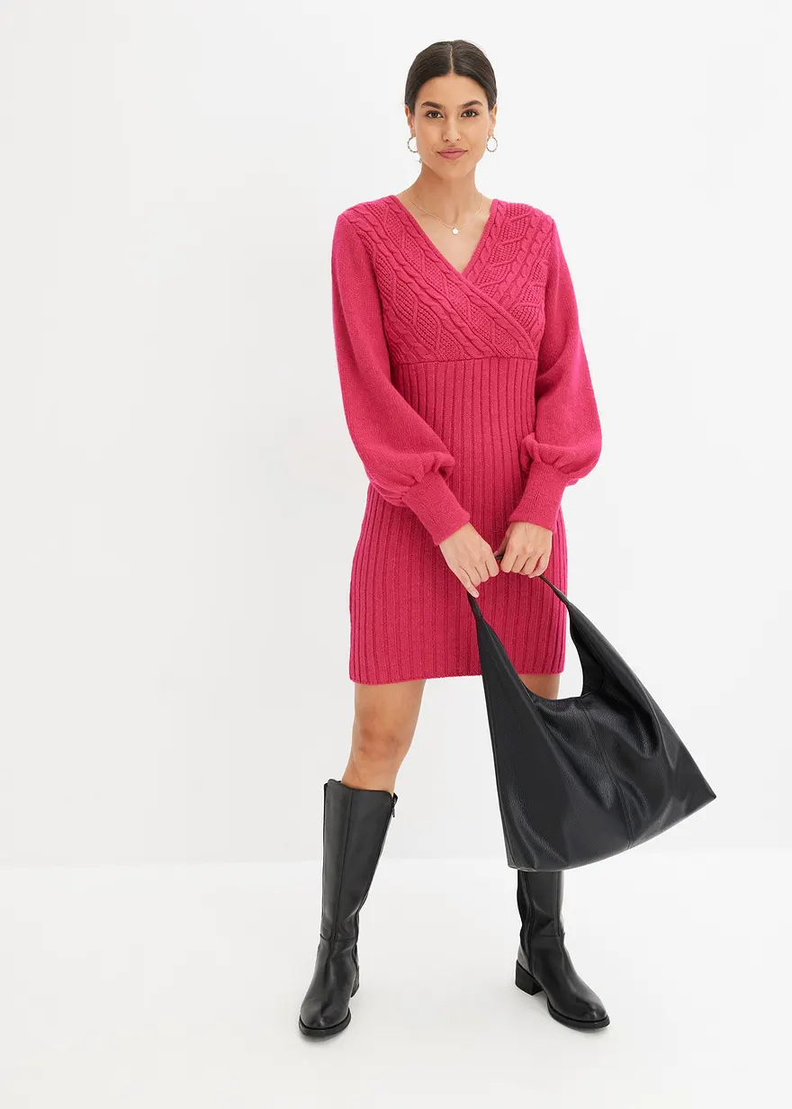 Bonprix Modisches Strickkleid Mit Zopfmuster - Pink - Damen