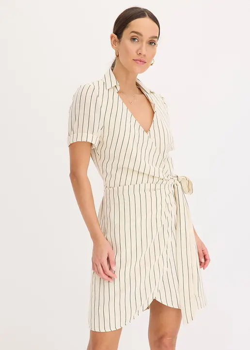 Bonprix Modisches Wickelkleid In Leinen-Optik Mit Bindeband-Verschluss An Der Seite