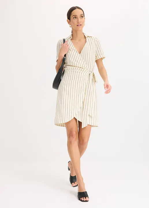 Bonprix Modisches Wickelkleid In Leinen-Optik Mit Bindeband-Verschluss An Der Seite