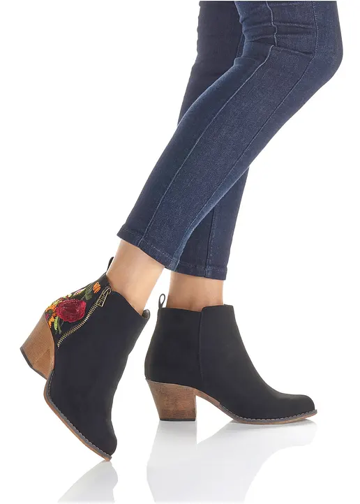 Bonprix Niedliche Cowboy Stiefelette Mit Blumenstickerei - Schwarz