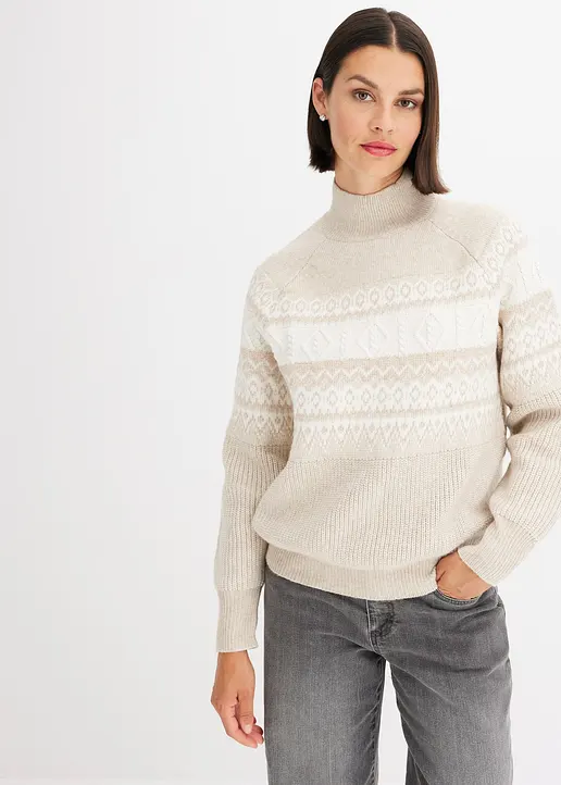Bonprix Norweger-Pullover Mit Stehkragen - Beige - Damen