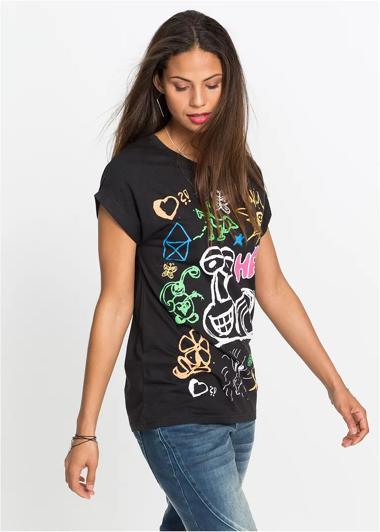 Bonprix Originell Bedrucktes T-Shirt Mit Rundem Ausschnitt - Schwarz