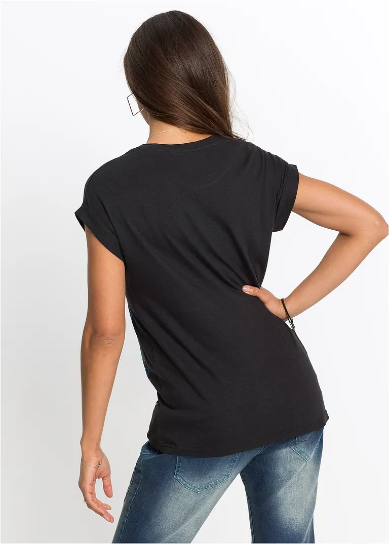 Bonprix Originell Bedrucktes T-Shirt Mit Rundem Ausschnitt - Schwarz