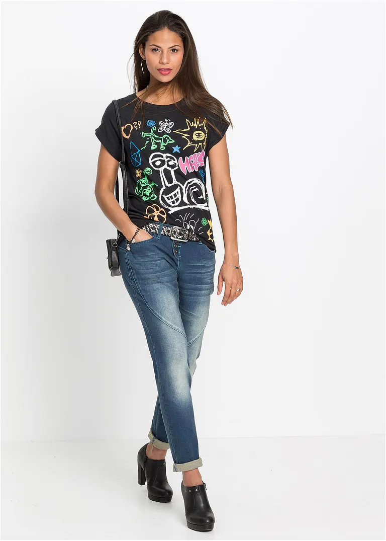 Bonprix Originell Bedrucktes T-Shirt Mit Rundem Ausschnitt - Schwarz