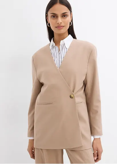 Bonprix Oversize Blazer Mit Taschen Und Verschlussvarianten - Beige