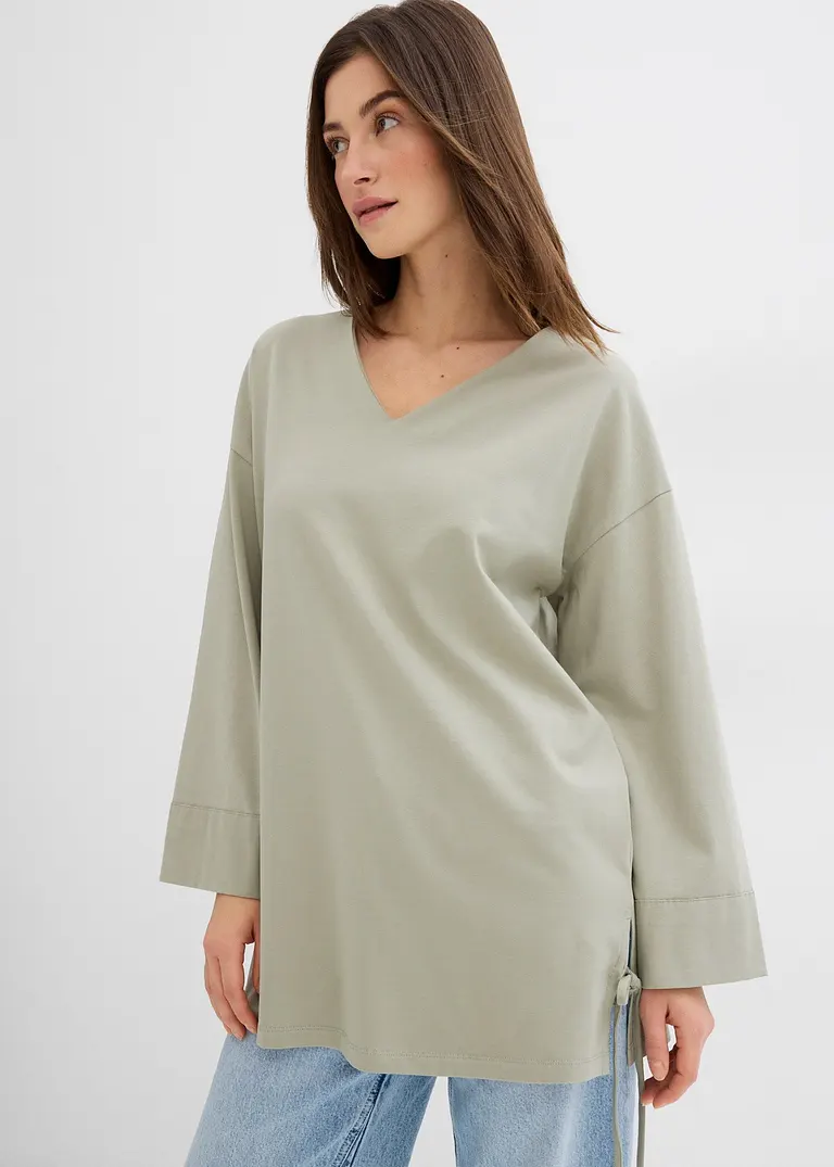 Bonprix Oversize Shirt Mit V-Ausschnitt 3/4-Ärmeln Und Seitenschlitzen Am Saum Mit Bändern