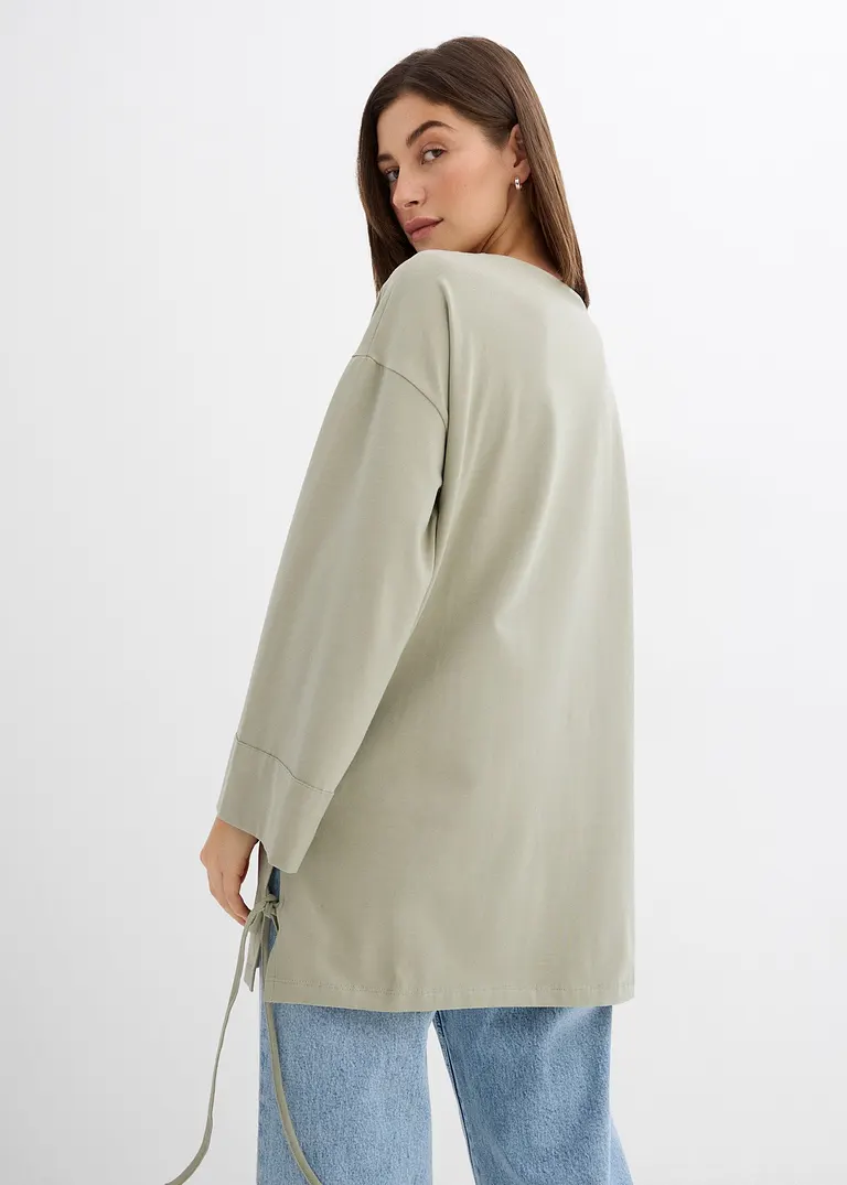 Bonprix Oversize Shirt Mit V-Ausschnitt 3/4-Ärmeln Und Seitenschlitzen Am Saum Mit Bändern