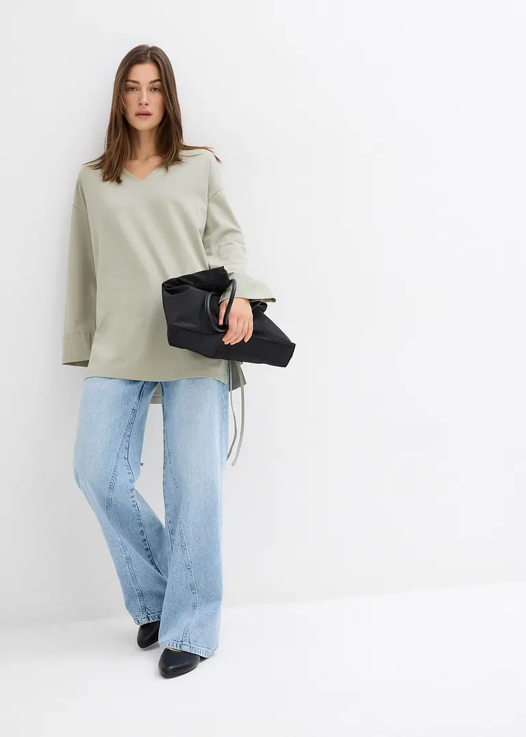 Bonprix Oversize Shirt Mit V-Ausschnitt 3/4-Ärmeln Und Seitenschlitzen Am Saum Mit Bändern