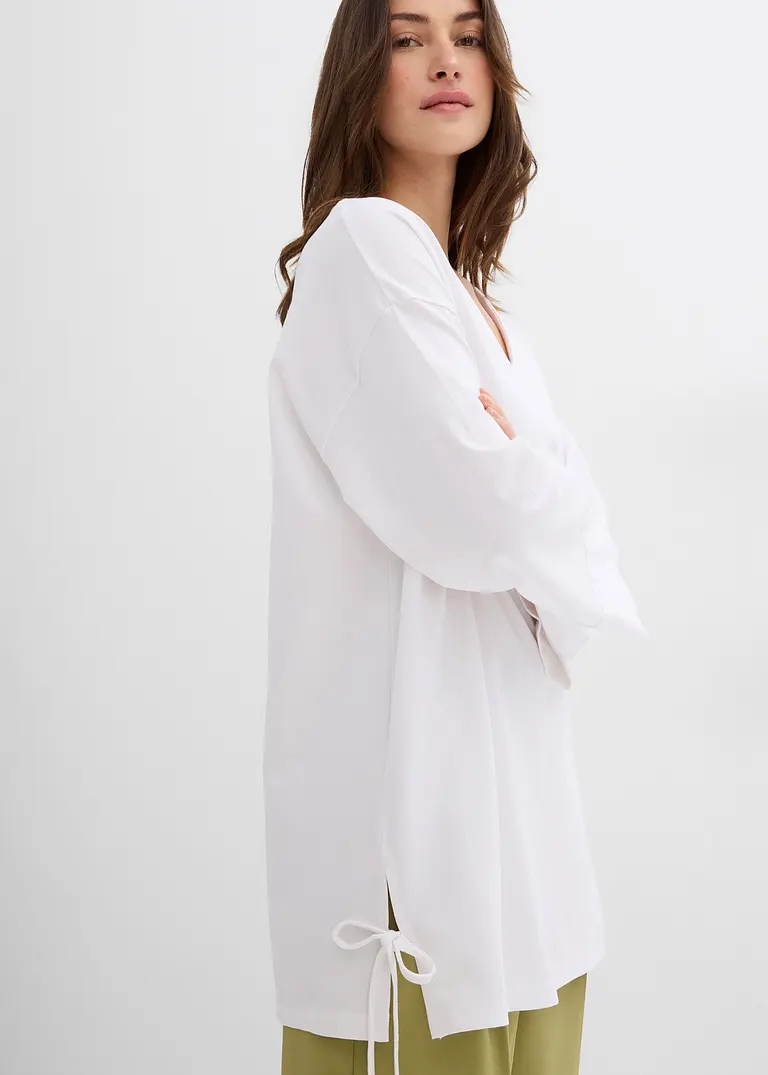 Bonprix Oversize Shirt Mit V-Ausschnitt 3/4-Ärmeln Und Seitenschlitzen Am Saum Mit Bändern