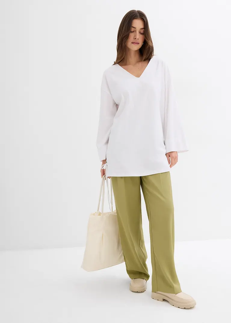 Bonprix Oversize Shirt Mit V-Ausschnitt 3/4-Ärmeln Und Seitenschlitzen Am Saum Mit Bändern