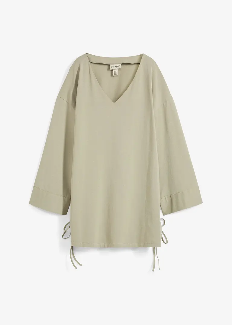 bonprix Oversize Shirt mit V-Ausschnitt 3/4-Ärmeln und Seitenschlitzen am Saum mit Bändern