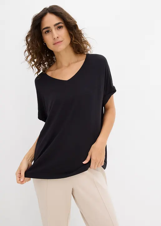 Bonprix Oversize-Shirt Mit V-Ausschnitt - Schwarz - Damen