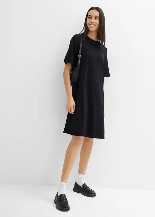 Bonprix Oversize Shirtkleid Mit Kurzen Ärmeln In A-Linie - Schwarz