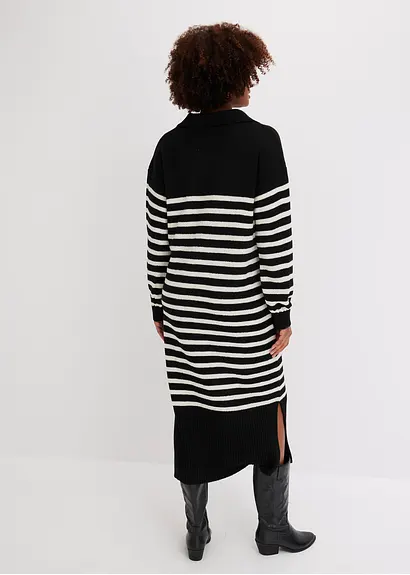 Bonprix Oversize Strickkleid Mit Kragen Und Streifen. - Schwarz