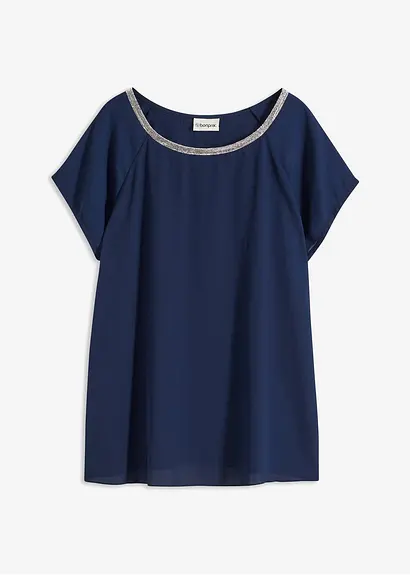 bonprix Oversized Bluse aus feinem Georgette mit Strasssteinverzierung am Ausschnitt