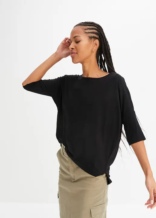 Bonprix Oversized Boxy-Shirt Mit U-Boot Ausschnitt - Schwarz