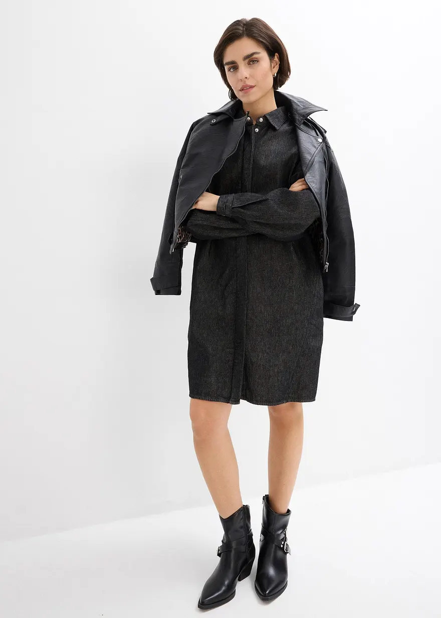 Bonprix Oversized Jeanskleid Mit Knöpfen - Schwarz - Damen