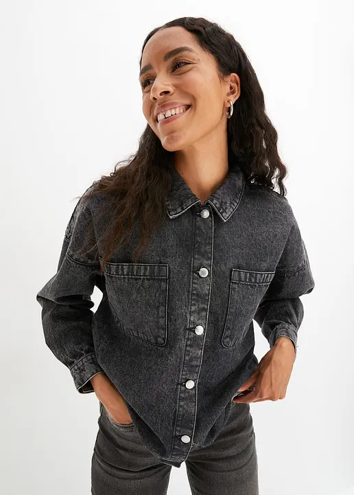 Bonprix Oversized Overshirt Aus Jeans - Schwarz - Damen