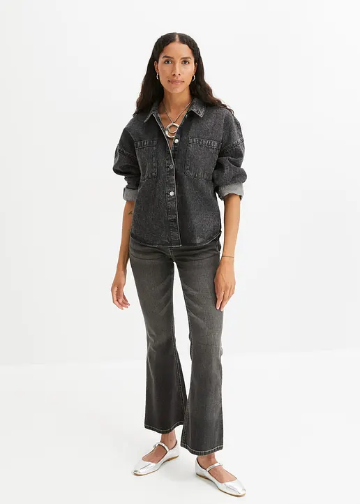 Bonprix Oversized Overshirt Aus Jeans - Schwarz - Damen