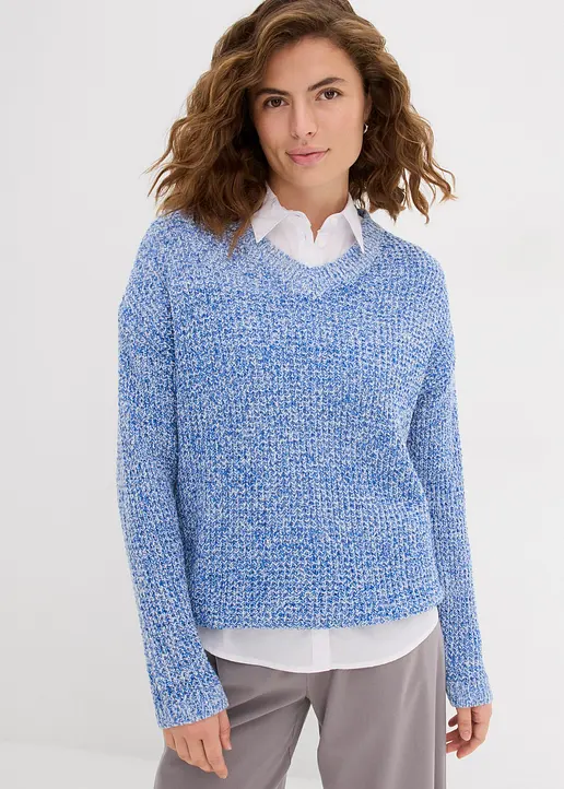 Bonprix Oversized Pullover Aus Waffelstrick Mit V-Ausschnitt - Blau