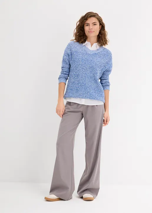 Bonprix Oversized Pullover Aus Waffelstrick Mit V-Ausschnitt - Blau