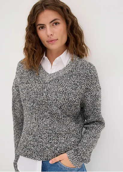 Bonprix Oversized Pullover Aus Waffelstrick Mit V-Ausschnitt - Schwarz