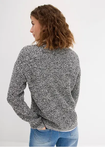 Bonprix Oversized Pullover Aus Waffelstrick Mit V-Ausschnitt - Schwarz
