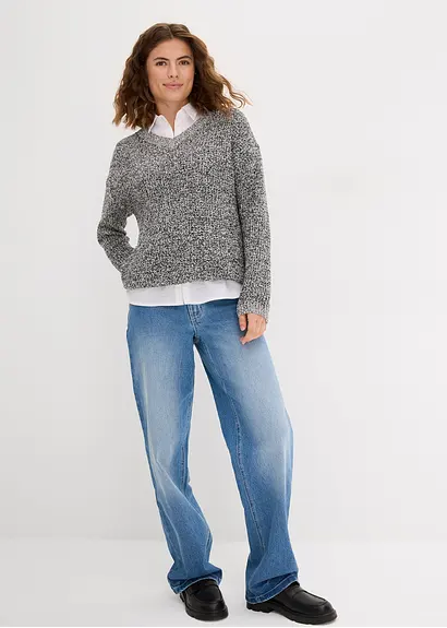 Bonprix Oversized Pullover Aus Waffelstrick Mit V-Ausschnitt - Schwarz