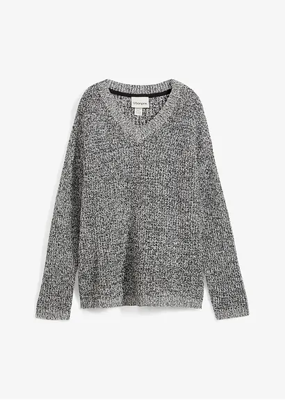 bonprix Oversized Pullover aus Waffelstrick mit V-Ausschnitt - schwarz