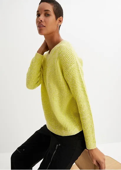 Bonprix Oversized Pullover Aus Waffelstrick Mit V-Ausschnitt - Grün